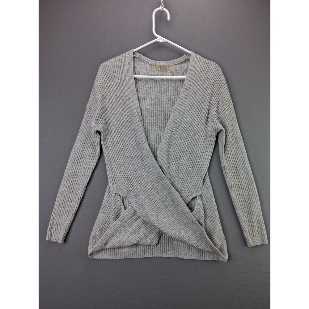 Zella Wrap Front Ribbed Sweater Womens Small Gray Long Sleeve V-Neck Knit Top